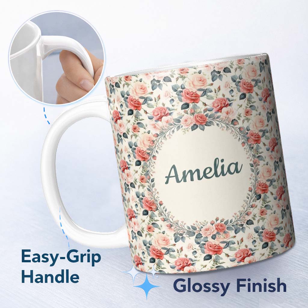 Personalized Custom Name Delicate Peach Rose Botanical Floral Seamless Pattern Name Cute 11oz Ceramic Coffee Tea Mug White Large Handle