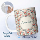Personalized Custom Name Delicate Peach Rose Botanical Floral Seamless Pattern Name Cute 11oz Ceramic Coffee Tea Mug White Large Handle