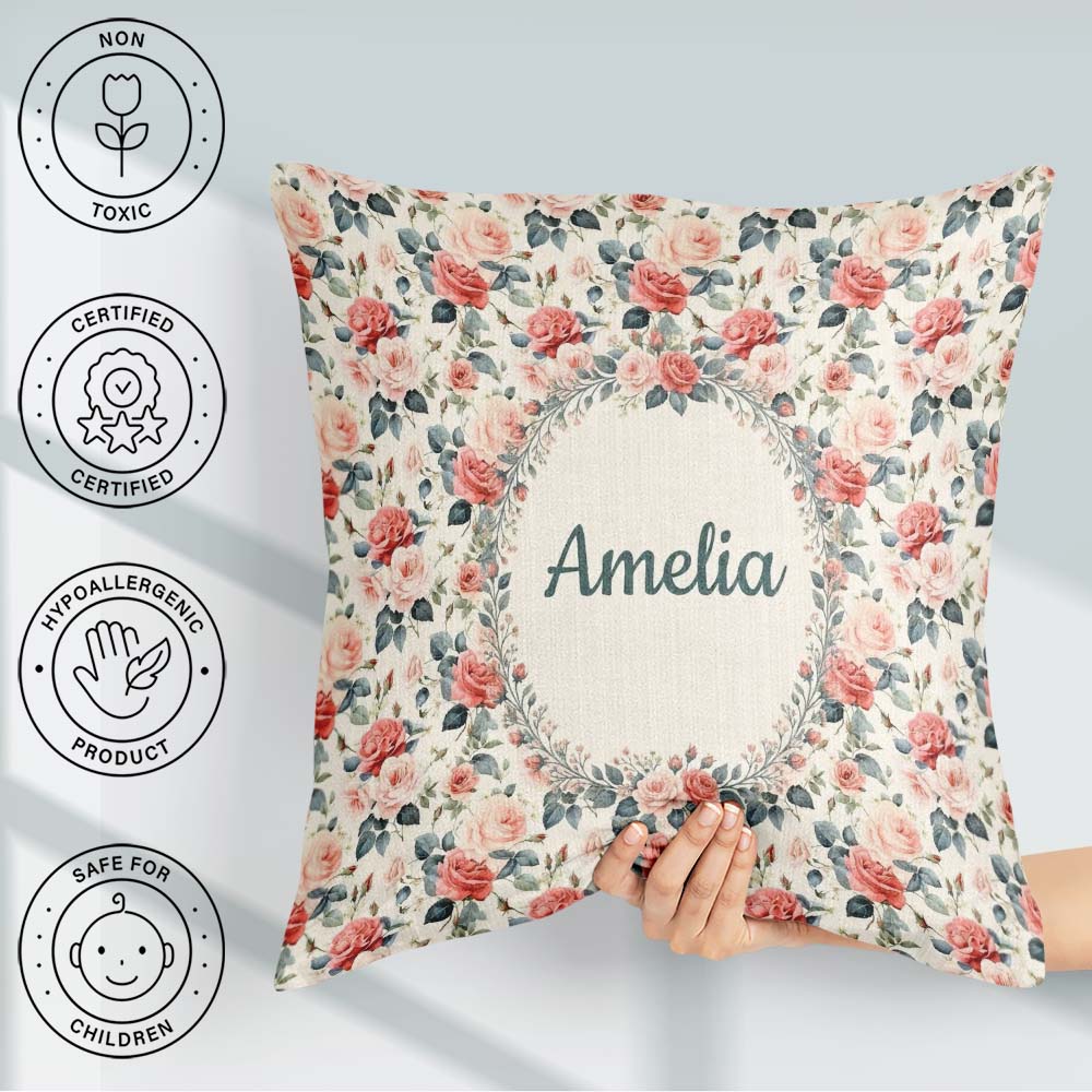 Custom Name Delicate Rose Botanical Floral Seamless Pattern Name Square Filled Cushion Throw Pillow Sofa Bed Home Decor Zip Washable UK Made