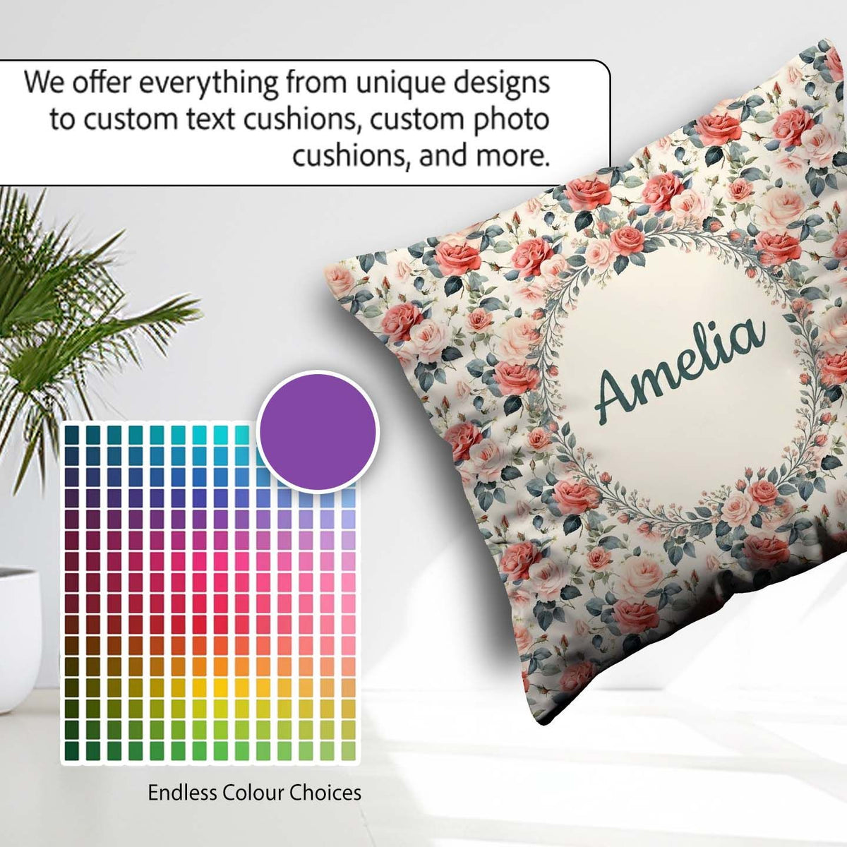 Custom Name Delicate Rose Botanical Floral Seamless Pattern Name Square Filled Cushion Throw Pillow Sofa Bed Home Decor Zip Washable UK Made