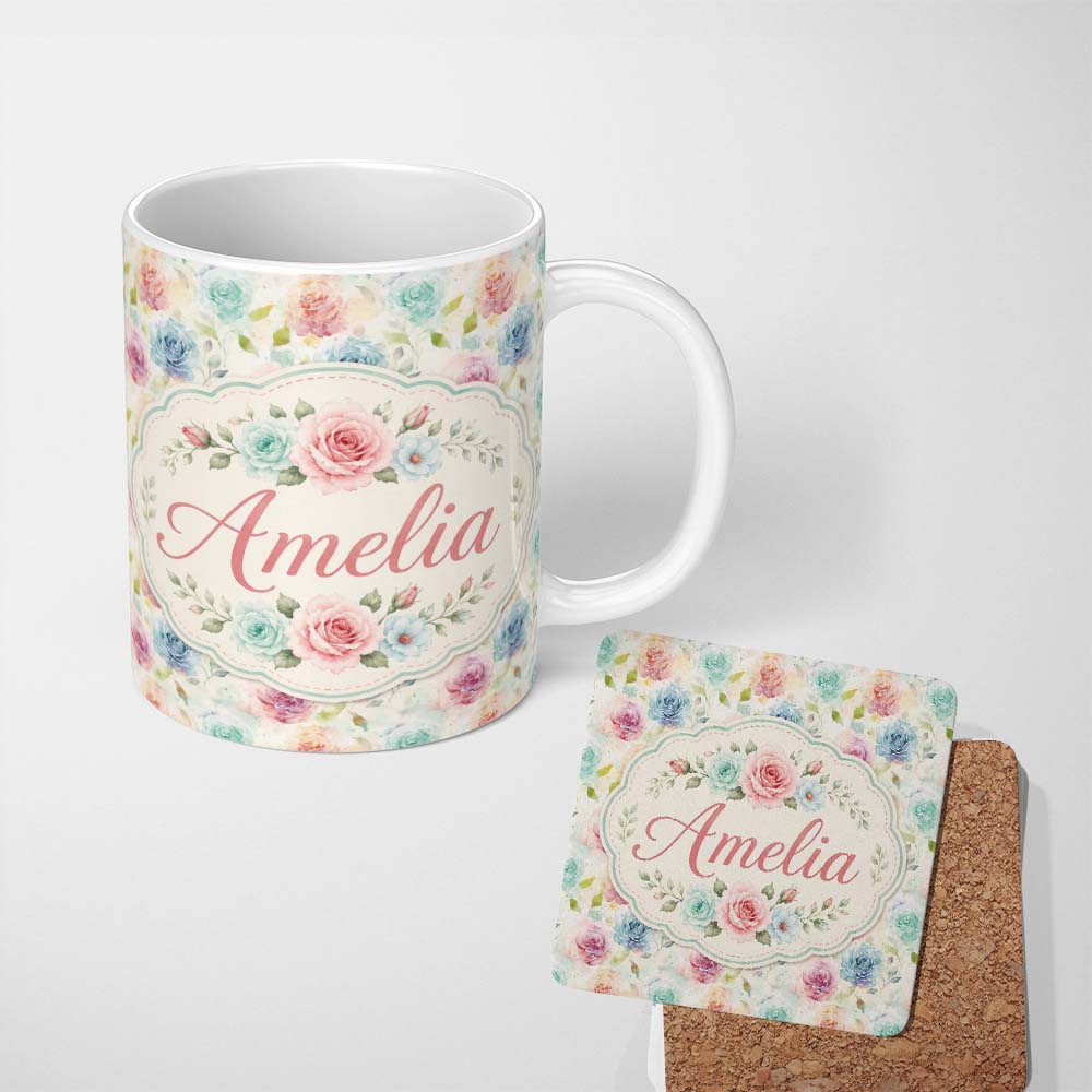Personalized Custom Name Classic Rose Bouquet Floral Vintage Seamless Pattern Name Cute 11oz Ceramic Coffee Tea Mug White Large Handle