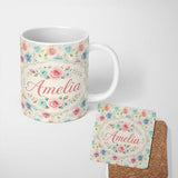 Personalized Custom Name Classic Rose Bouquet Floral Vintage Seamless Pattern Name Cute 11oz Ceramic Coffee Tea Mug White Large Handle