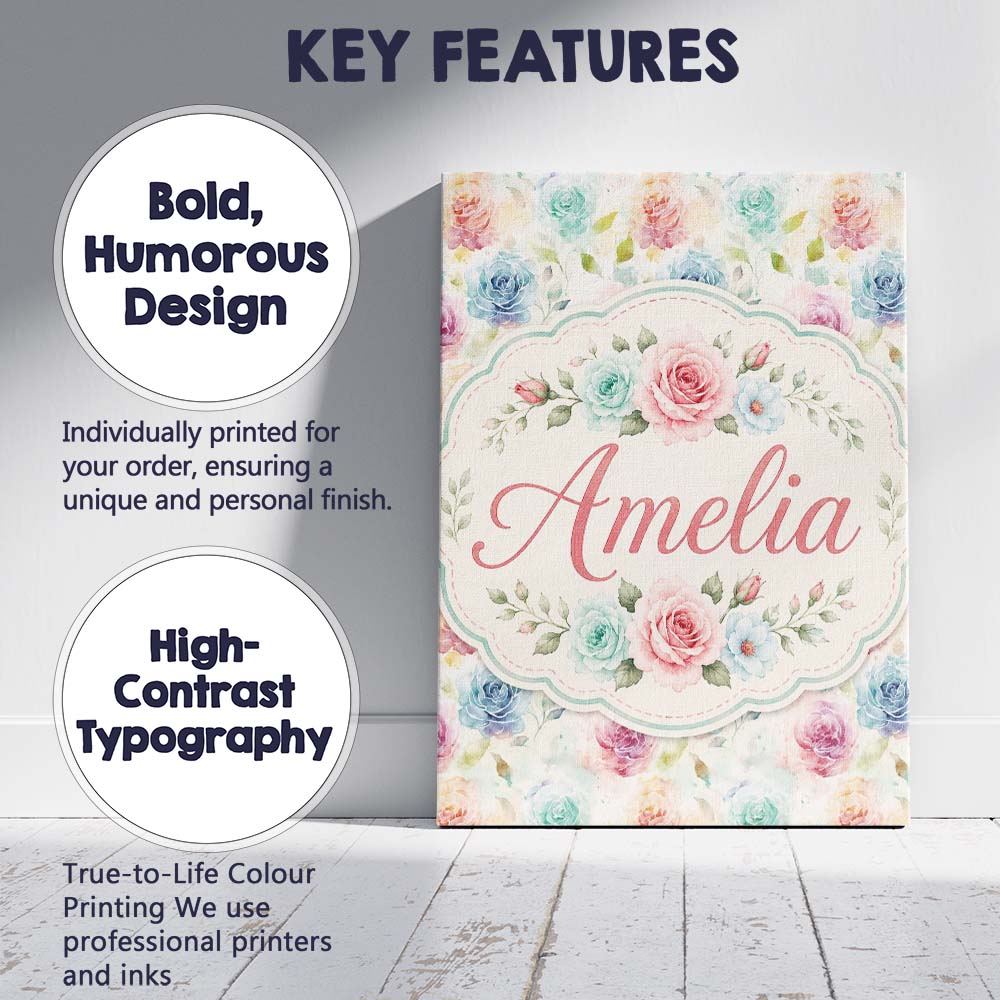 Personalised Name Classic Rose Bouquet Custom  Modern Room Accent Elegant Feature Canvas Wall Art Print Decor Picture Ready to Hang