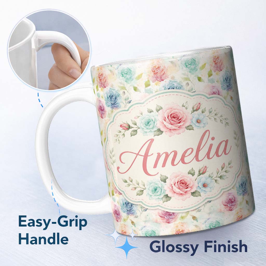Personalized Custom Name Classic Rose Bouquet Floral Vintage Seamless Pattern Name Cute 11oz Ceramic Coffee Tea Mug White Large Handle