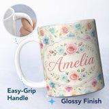 Personalized Custom Name Classic Rose Bouquet Floral Vintage Seamless Pattern Name Cute 11oz Ceramic Coffee Tea Mug White Large Handle