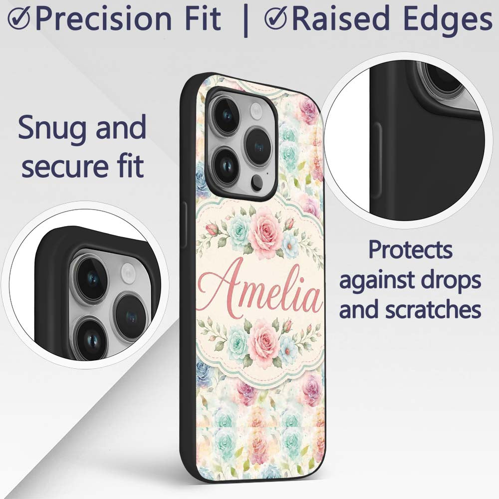 Classic Rose Bouquet Floral Vintage Seamless Custom Name Protective Phone Case Mobile Cover Durable Everyday Smartphone Shock Resistant