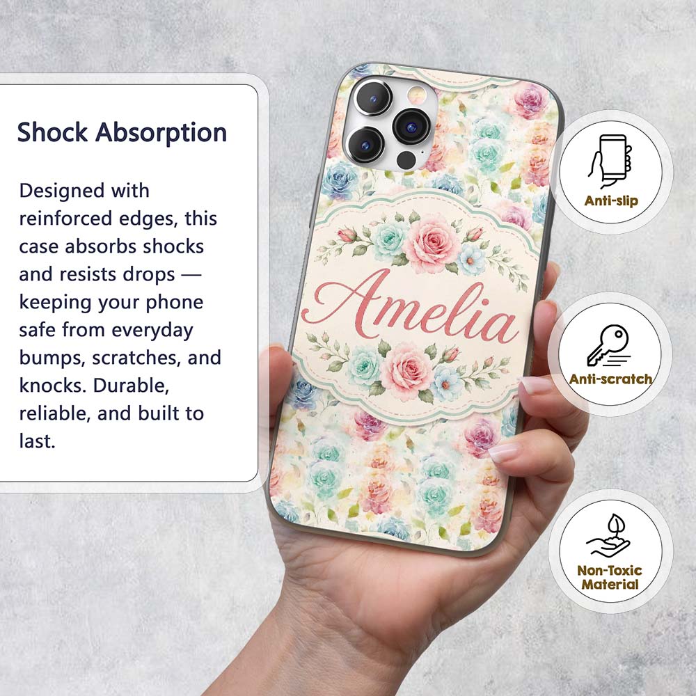 Classic Rose Bouquet Floral Vintage Seamless Custom Name Protective Phone Case Mobile Cover Durable Everyday Smartphone Shock Resistant