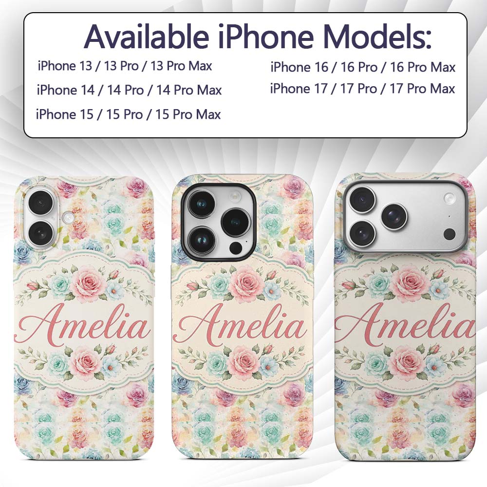 Classic Rose Bouquet Floral Vintage Seamless Custom Name Protective Phone Case Mobile Cover Durable Everyday Smartphone Shock Resistant