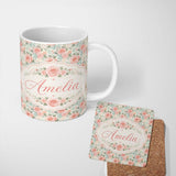Personalized Custom Name Soft Pastel Watercolor Roses Floral Seamless Pattern Name Cute 11oz Ceramic Coffee Tea Mug White Large Handle