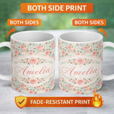 Personalized Custom Name Soft Pastel Watercolor Roses Floral Seamless Pattern Name Cute 11oz Ceramic Coffee Tea Mug White Large Handle