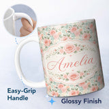 Personalized Custom Name Soft Pastel Watercolor Roses Floral Seamless Pattern Name Cute 11oz Ceramic Coffee Tea Mug White Large Handle