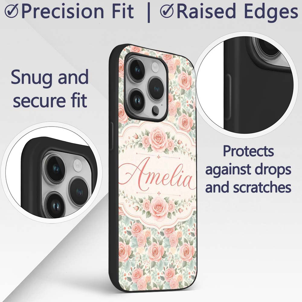 Soft Pastel Watercolor Roses Floral Seamless Custom Name Protective Phone Case Mobile Cover Durable Everyday Smartphone Shock Resistant