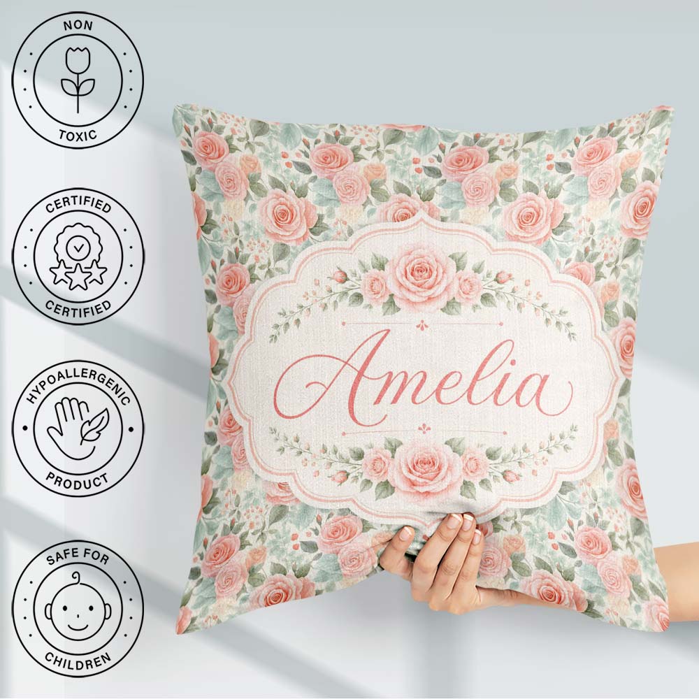 Custom Name Soft Pastel Roses Floral Seamless Pattern Name Cute Square Filled Cushion Throw Pillow Sofa Bed Home Decor Zip Washable UK Made