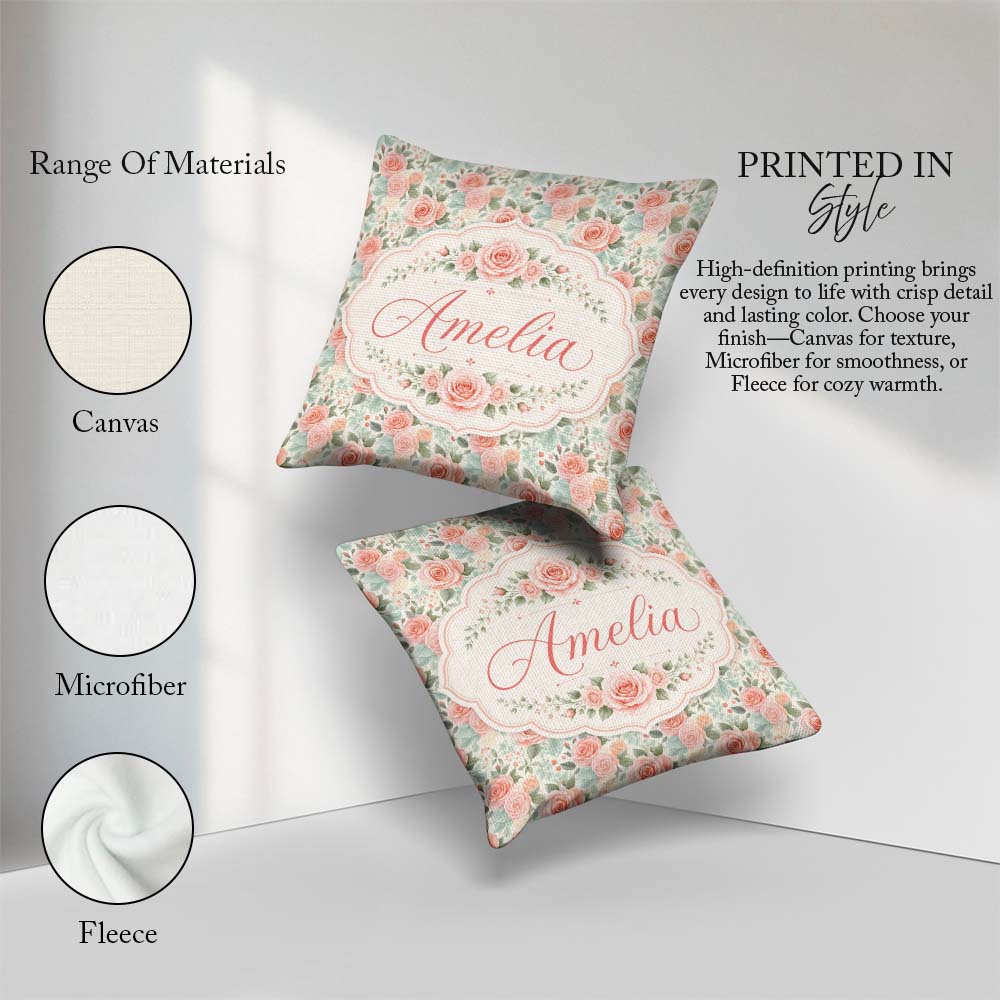 Custom Name Soft Pastel Roses Floral Seamless Pattern Name Cute Square Filled Cushion Throw Pillow Sofa Bed Home Decor Zip Washable UK Made