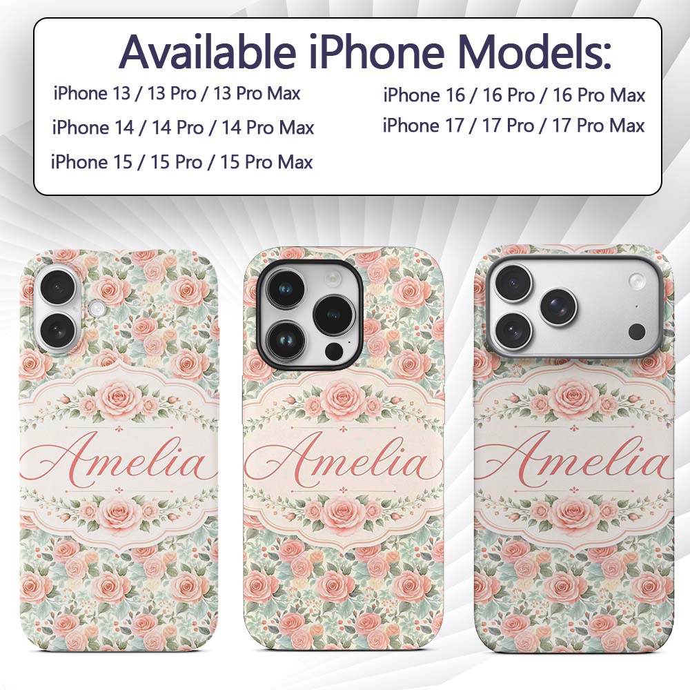 Soft Pastel Watercolor Roses Floral Seamless Custom Name Protective Phone Case Mobile Cover Durable Everyday Smartphone Shock Resistant
