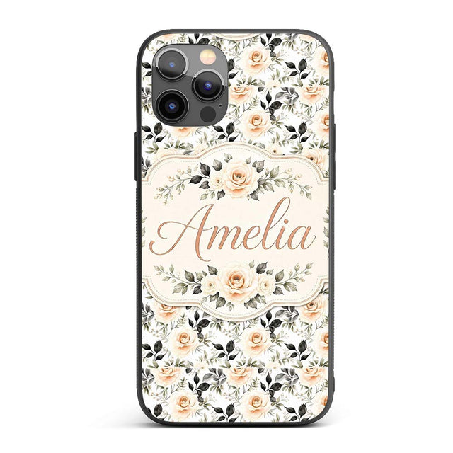 Neutral Cream Rose Botanical Floral Seamless Custom Name Protective Phone Case Mobile Cover Durable Everyday Smartphone Shock Resistant