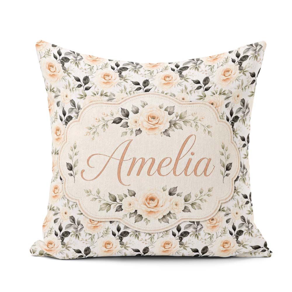 Custom Name Neutral Cream Rose Floral Seamless Pattern Name Cute Square Filled Cushion Throw Pillow Sofa Bed Home Decor Zip Washable UK Made