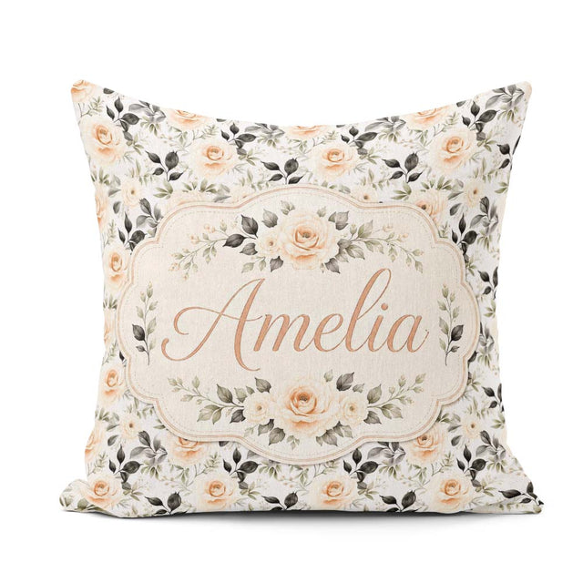 Custom Name Neutral Cream Rose Floral Seamless Pattern Name Cute Square Filled Cushion Throw Pillow Sofa Bed Home Decor Zip Washable UK Made