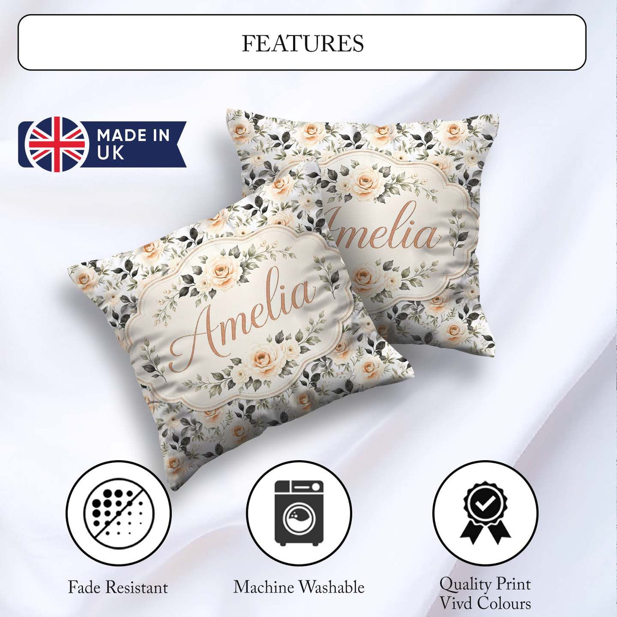 Custom Name Neutral Cream Rose Floral Seamless Pattern Name Cute Square Filled Cushion Throw Pillow Sofa Bed Home Decor Zip Washable UK Made