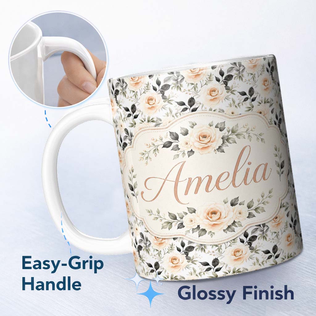 Personalized Custom Name Neutral Cream Rose Botanical Floral Seamless Pattern Name Cute 11oz Ceramic Coffee Tea Mug White Large Handle