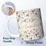 Personalized Custom Name Neutral Cream Rose Botanical Floral Seamless Pattern Name Cute 11oz Ceramic Coffee Tea Mug White Large Handle