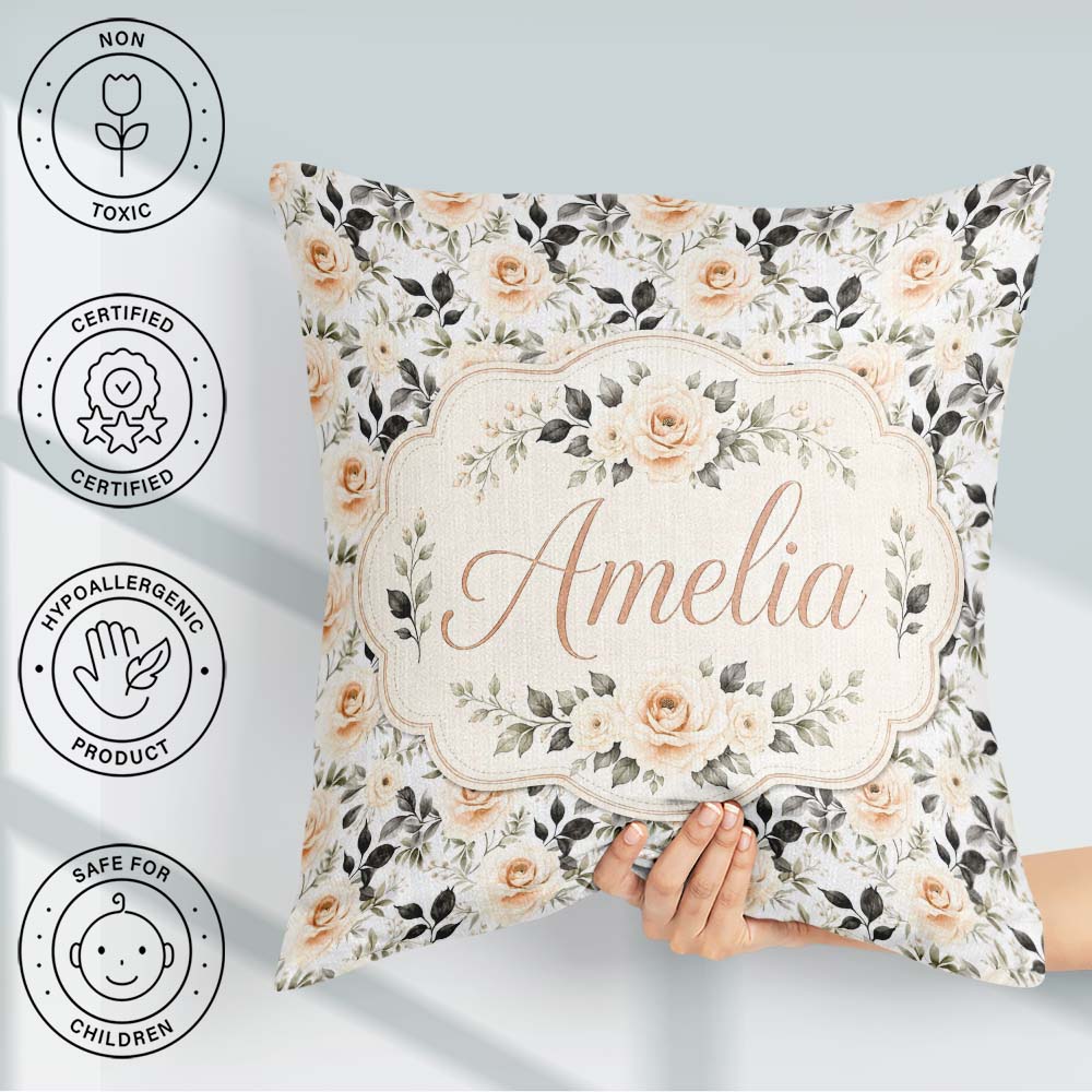 Custom Name Neutral Cream Rose Floral Seamless Pattern Name Cute Square Filled Cushion Throw Pillow Sofa Bed Home Decor Zip Washable UK Made