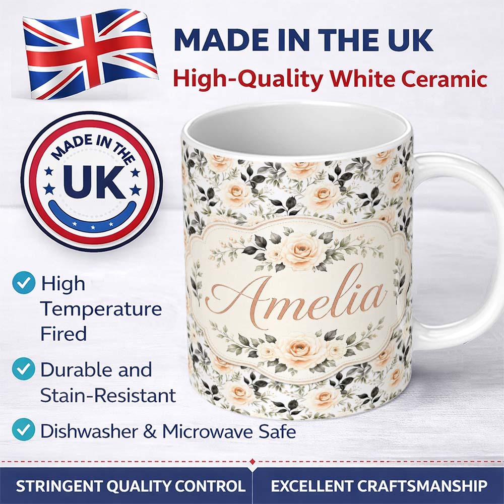 Personalized Custom Name Neutral Cream Rose Botanical Floral Seamless Pattern Name Cute 11oz Ceramic Coffee Tea Mug White Large Handle