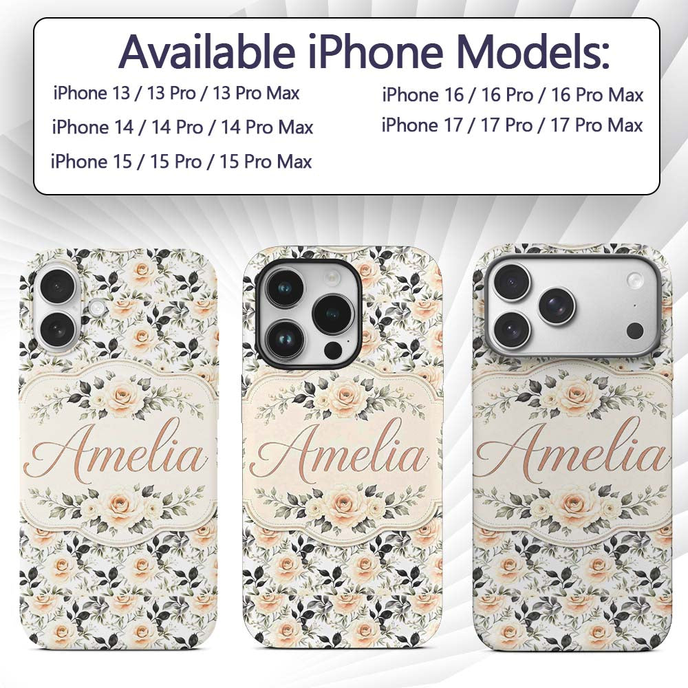 Neutral Cream Rose Botanical Floral Seamless Custom Name Protective Phone Case Mobile Cover Durable Everyday Smartphone Shock Resistant