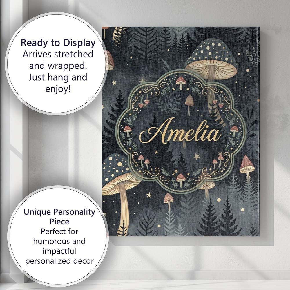 Personalised Name Glowing Mushroom Botanical Night Forest Seamless Custom  Unique Canvas Wall Art Print Decor Picture Ready to Hang