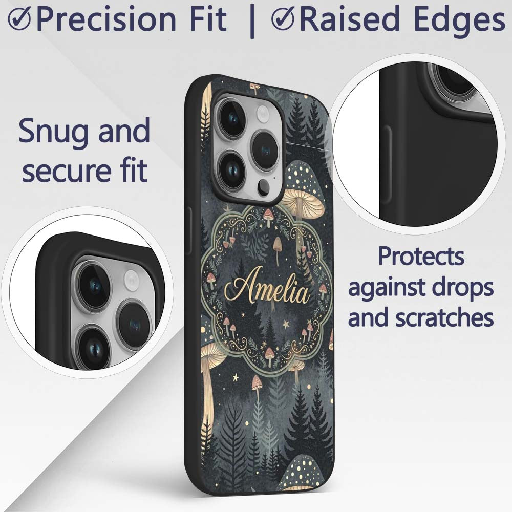 Glowing Mushroom Botanical Night Forest Seamless Custom Name Protective Phone Case Mobile Cover Durable Everyday Smartphone Shock Resistant