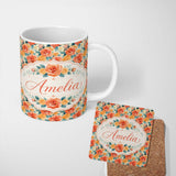 Personalized Custom Name Vibrant Coral Orange Roses Floral Seamless Pattern Name Cute Unique 11oz Ceramic Coffee Tea Mug White Large Handle