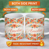 Personalized Custom Name Vibrant Coral Orange Roses Floral Seamless Pattern Name Cute Unique 11oz Ceramic Coffee Tea Mug White Large Handle