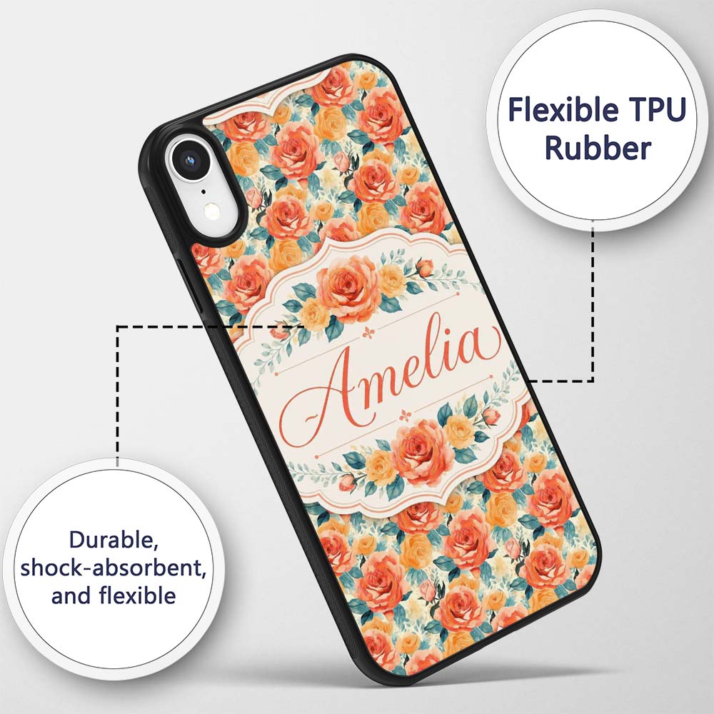 Vibrant Coral Orange Roses Floral Printed Design Custom Name Protective Phone Case Mobile Cover Durable Everyday Smartphone Shock Resistant