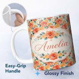 Personalized Custom Name Vibrant Coral Orange Roses Floral Seamless Pattern Name Cute Unique 11oz Ceramic Coffee Tea Mug White Large Handle