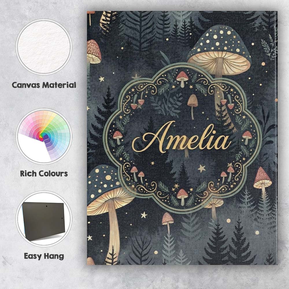 Personalised Name Glowing Mushroom Botanical Night Forest Seamless Custom  Unique Canvas Wall Art Print Decor Picture Ready to Hang