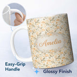 Personalized Custom Name Elegant Cream Rose Botanical Vintage Seamless Pattern Name Cute 11oz Ceramic Coffee Tea Mug White Large Handle