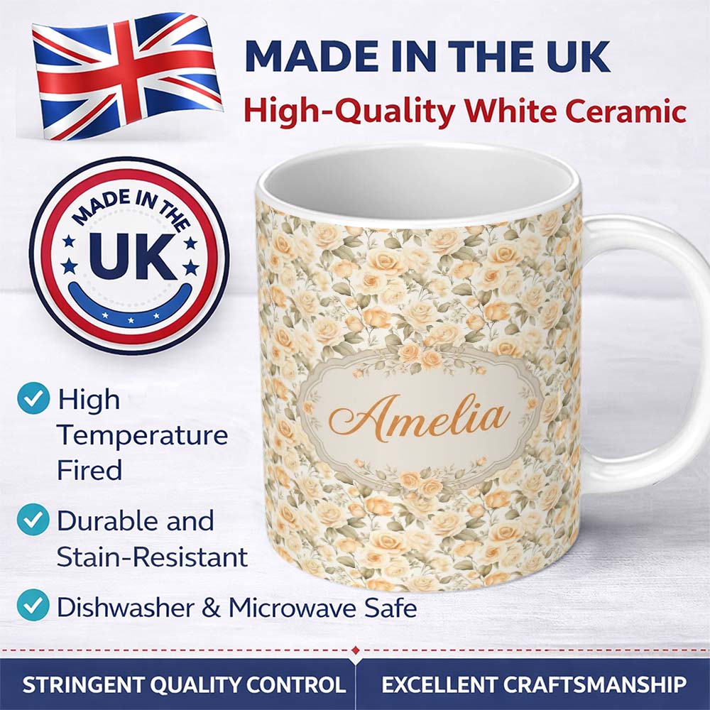Personalized Custom Name Elegant Cream Rose Botanical Vintage Seamless Pattern Name Cute 11oz Ceramic Coffee Tea Mug White Large Handle