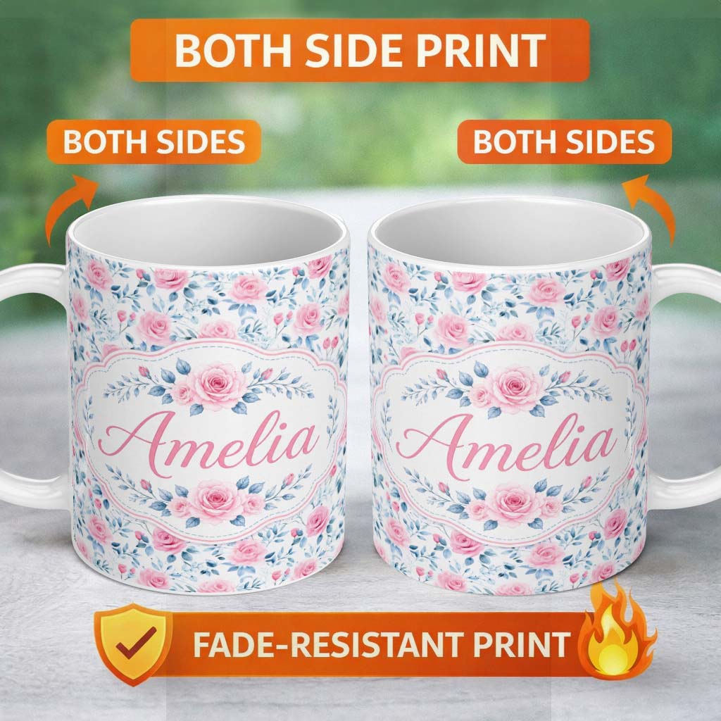 Personalized Custom Name Soft Pink Blue Rose Floral Delicate Seamless Pattern Name Cute 11oz Ceramic Coffee Tea Mug White Large Handle