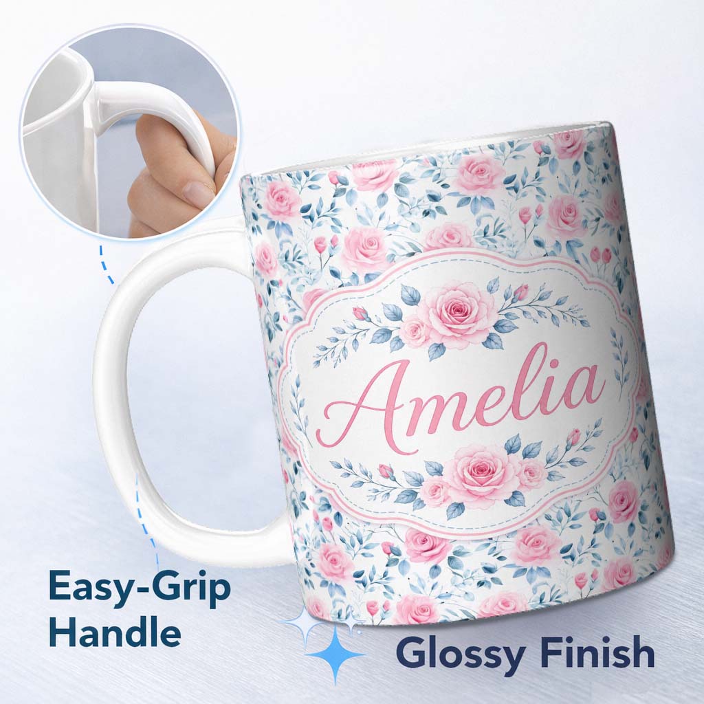 Personalized Custom Name Soft Pink Blue Rose Floral Delicate Seamless Pattern Name Cute 11oz Ceramic Coffee Tea Mug White Large Handle