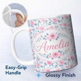 Personalized Custom Name Soft Pink Blue Rose Floral Delicate Seamless Pattern Name Cute 11oz Ceramic Coffee Tea Mug White Large Handle