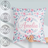 Custom Name Soft Pink Blue Rose Floral Delicate Seamless Pattern Square Filled Cushion Throw Pillow Sofa Bed Home Decor Zip Washable UK Made
