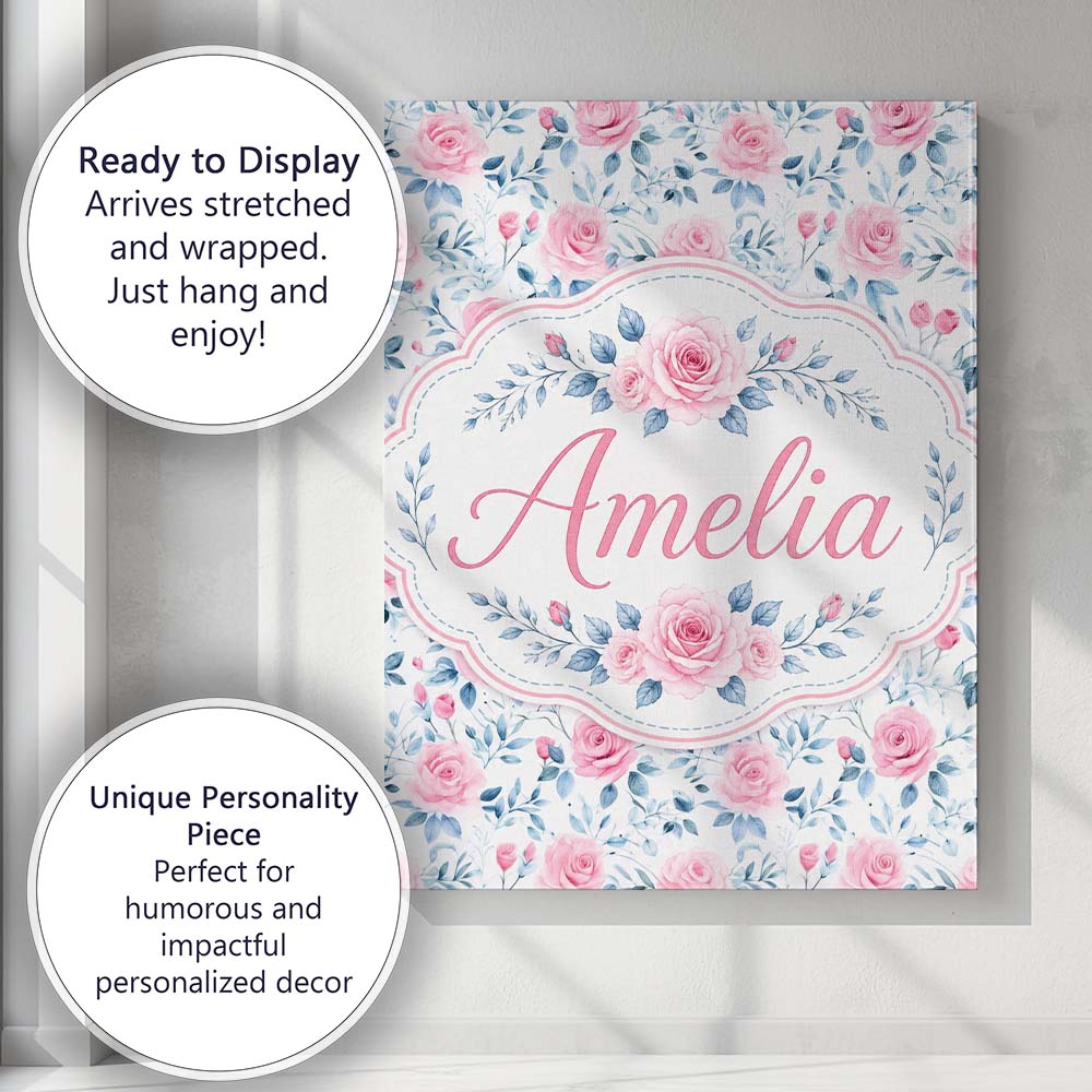 Personalised Name Soft Pink Blue Rose Custom Modern Room Accent Creative Decorator Style Canvas Wall Art Print Decor Picture Ready to Hang