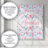 Personalised Name Soft Pink Blue Rose Custom Modern Room Accent Creative Decorator Style Canvas Wall Art Print Decor Picture Ready to Hang
