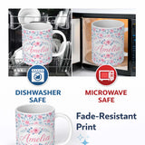 Personalized Custom Name Soft Pink Blue Rose Floral Delicate Seamless Pattern Name Cute 11oz Ceramic Coffee Tea Mug White Large Handle