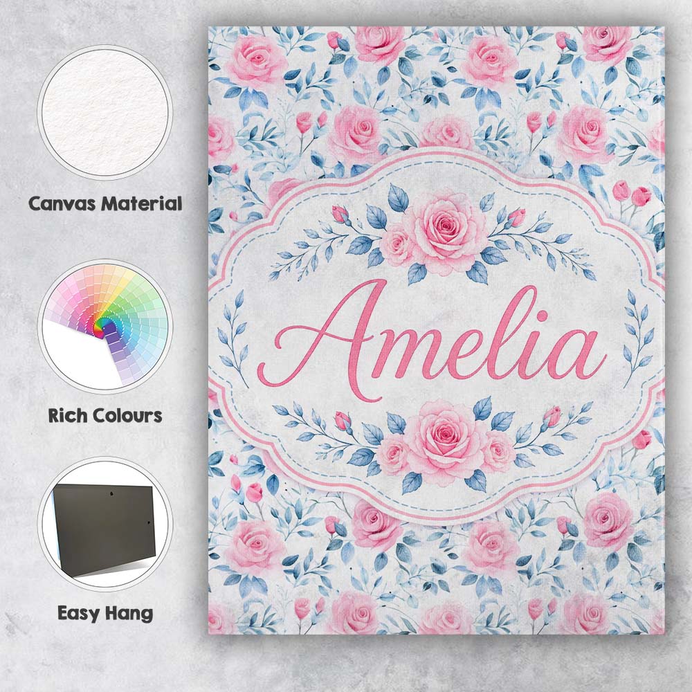 Personalised Name Soft Pink Blue Rose Custom Modern Room Accent Creative Decorator Style Canvas Wall Art Print Decor Picture Ready to Hang