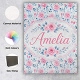Personalised Name Soft Pink Blue Rose Custom Modern Room Accent Creative Decorator Style Canvas Wall Art Print Decor Picture Ready to Hang
