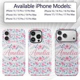 Soft Pink Blue Rose Floral Delicate Seamless Custom Name Protective Phone Case Mobile Cover Durable Everyday Smartphone Shock Resistant