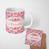 Personalized Custom Name Romantic Pink Rose Blossom Floral Seamless Pattern Name Cute Unique 11oz Ceramic Coffee Tea Mug White Large Handle