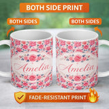 Personalized Custom Name Romantic Pink Rose Blossom Floral Seamless Pattern Name Cute Unique 11oz Ceramic Coffee Tea Mug White Large Handle