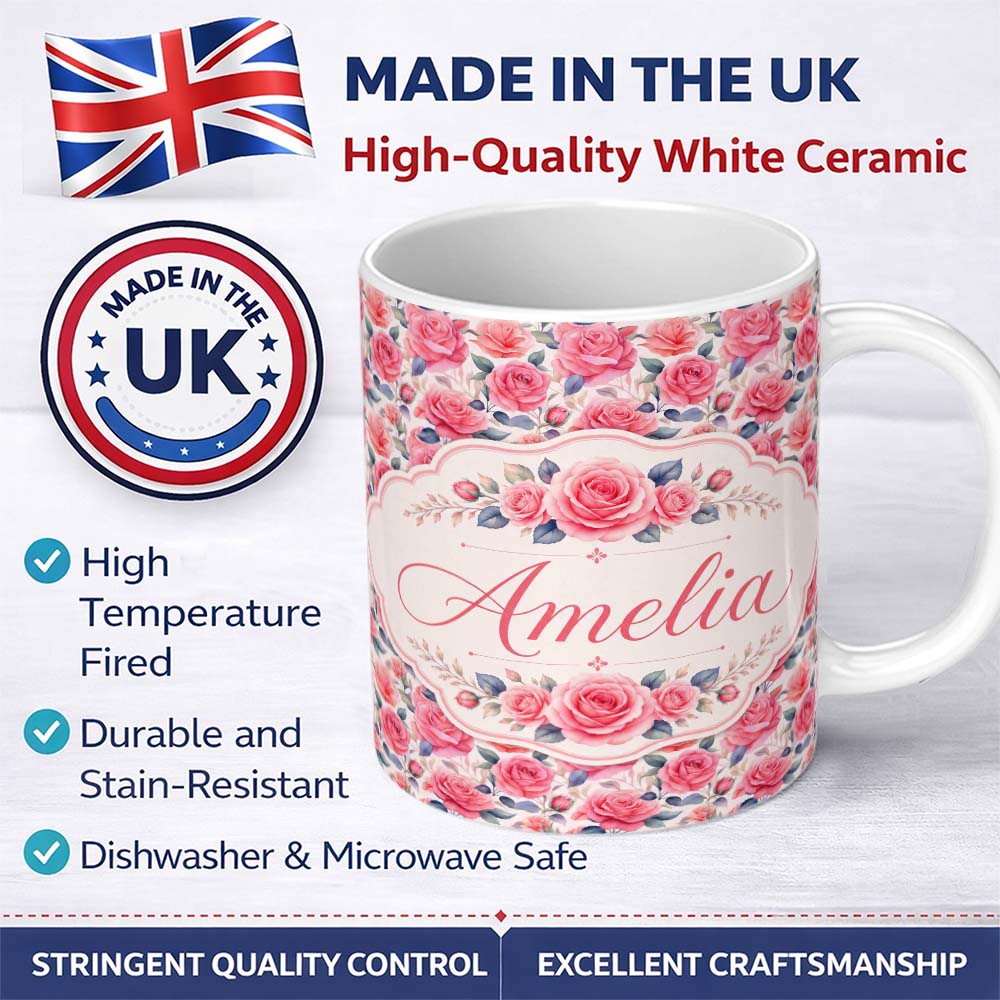 Personalized Custom Name Romantic Pink Rose Blossom Floral Seamless Pattern Name Cute Unique 11oz Ceramic Coffee Tea Mug White Large Handle